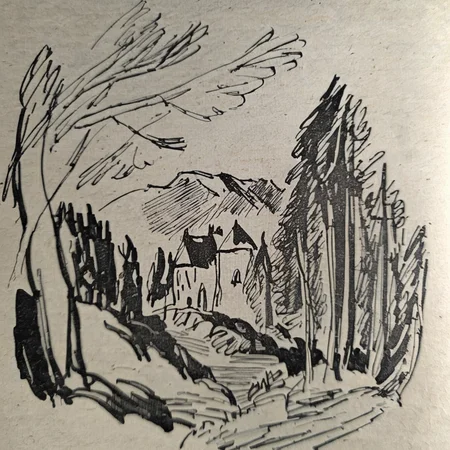 drawix15 landscape, in the foreground an old tree on a rock in the background a village, forest and mountains <lora:drawix15:1>