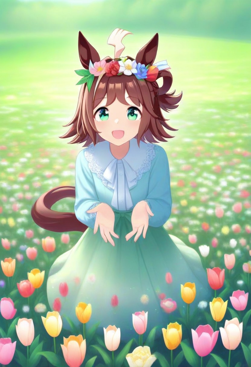 Tulip flower hair_ornament, (umamusume, rhein_kraft_(umamusume), horse_ears, horse_girl, tail, 1girl, ahoge, animal_ears,)
casual, field, flower, flower_field, green_eyes, hair_between_eyes,
head_wreath, looking_at_viewer,  solo, aesthetic, absurdres, symmetric ,spiralling vortex made of multicoloured tulips, lush foliage sunrise,  ripples, reflective, jaynl-tm, rainbow, , g0ldsw0rthy,
(realistic, photo,  artistic, medium_hair, one_eye_closed, petals, relaxing, smile,  : 0.7)