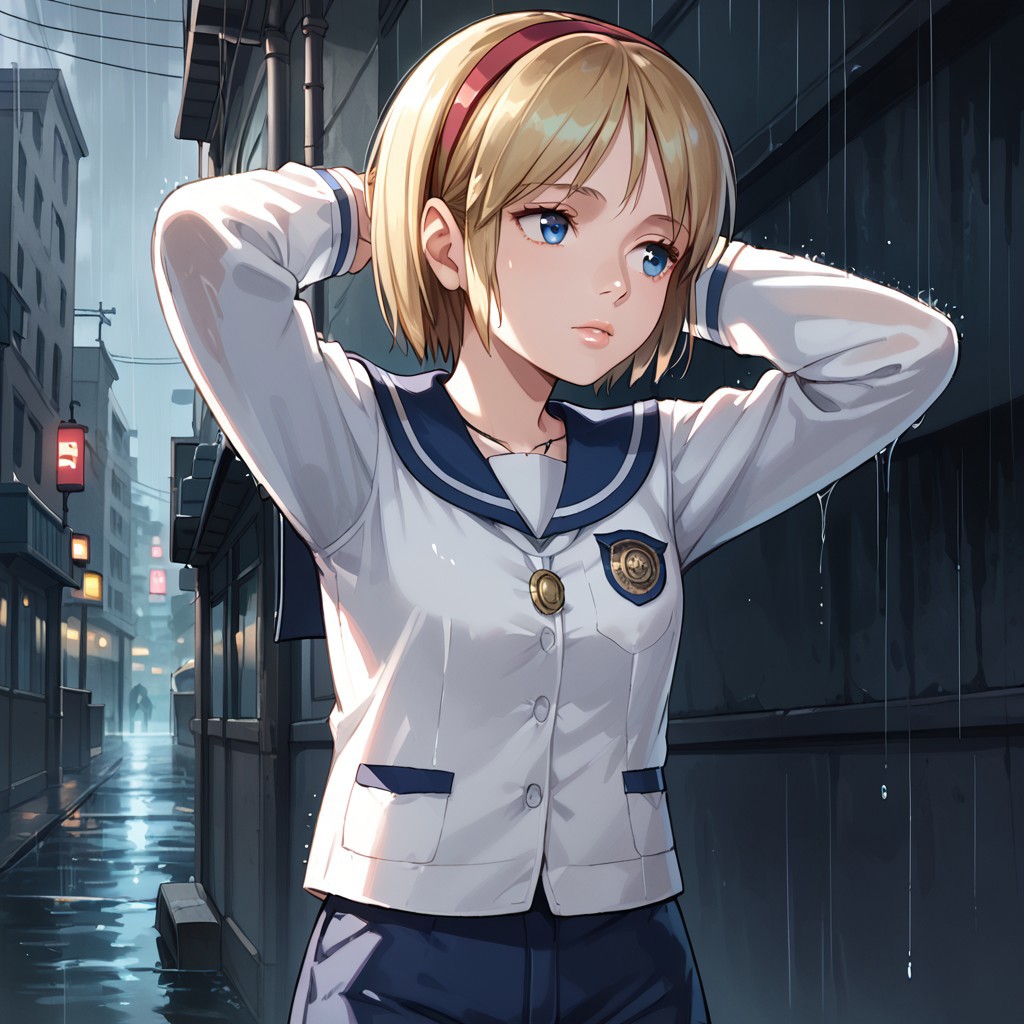 score_9, score_8_up, score_7_up, score_6_up, Sherry-Birkin, 1girl solo, short hair, blue eyes, blonde hair, post-apocalypse, urban background, city, DARK, HORROR, rain, upper body, school uniform, shorts, hairband, serafuku, sailor collar, necklace, lips, blue sailor collar, arms behind head, red hairband, fake screenshot, sensitive