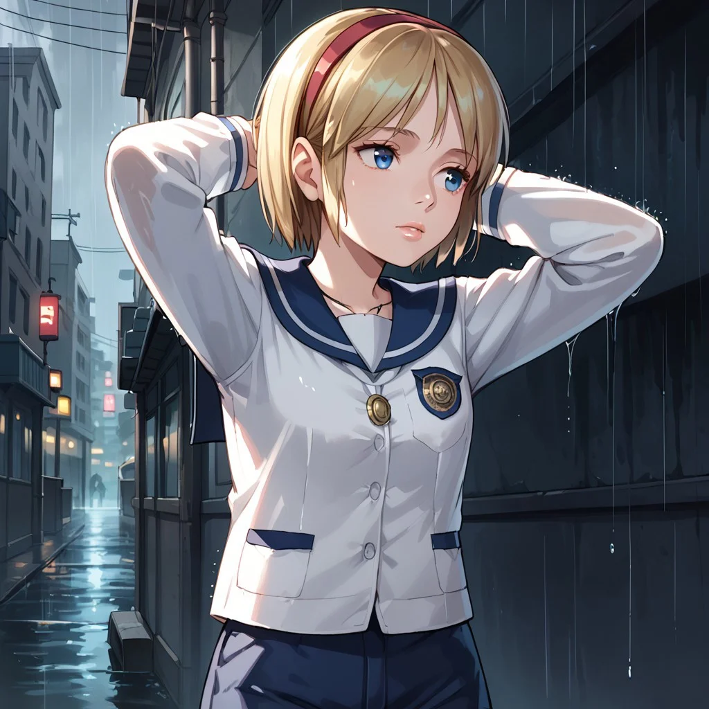 score_9, score_8_up, score_7_up, score_6_up, Sherry-Birkin, 1girl solo, short hair, blue eyes, blonde hair, post-apocalypse, urban background, city, DARK, HORROR, rain, upper body, school uniform, shorts, hairband, serafuku, sailor collar, necklace, lips, blue sailor collar, arms behind head, red hairband, fake screenshot, sensitive