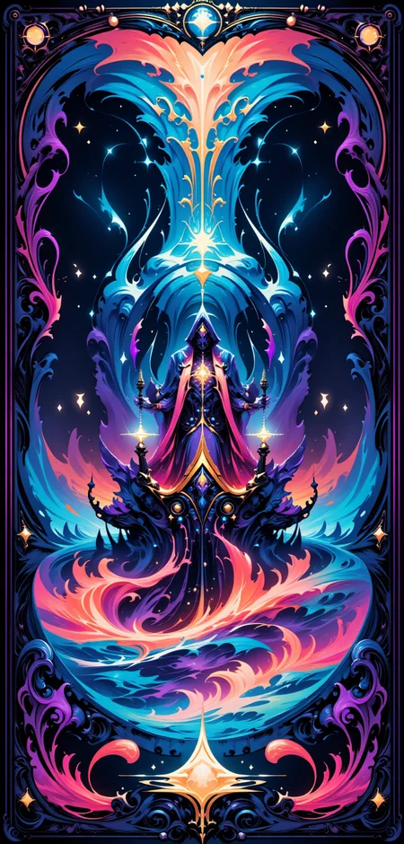 A stylized Tarot card named 'The Ethereal Captain,' depicting a futuristic galleon drifting through a dreamlike sea of vibrant, neon waves under a sky filled with pulsing, technetic stars. The ship, reminiscent of the legendary 'Lisette,' is made of a sleek, dark metal with glowing filigree and sails that appear woven from pure light. The central figure, 'The Captain,' stands at the prow, shrouded in a cloak that glows softly with embedded stars, their face hidden behind a mask of shifting, holographic patterns. They hold an ancient, glowing sextant, guiding the ship through the ever-changing tides of the cosmos. The cardâs border is decorated with intricate, swirling designs that merge traditional maritime symbols with futuristic elements, radiating a soft, otherworldly light.
<lora:abstract_render_flux:0.4>,<lora:Painted_World_Flux:0.8>,<lora:Dreamwave_FLUX:0.6>,<lora:dreamlands_flux:0.6>,