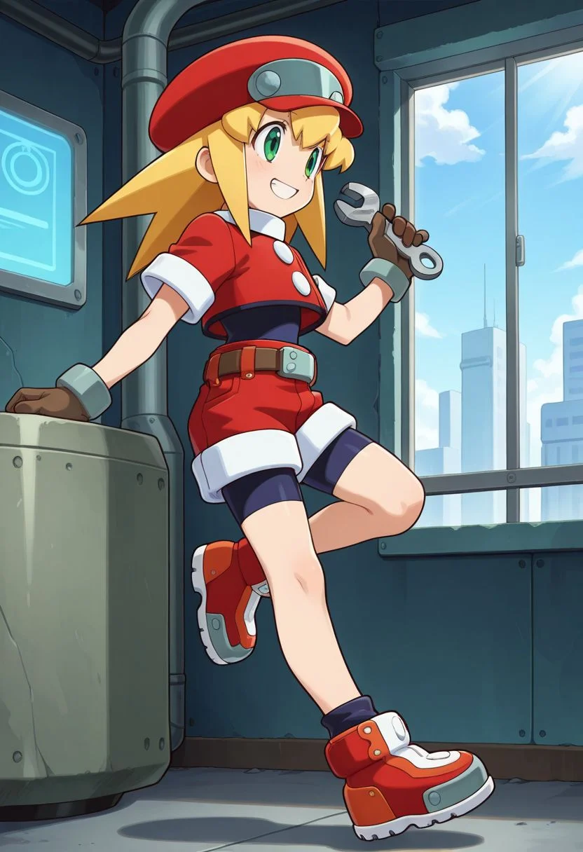 sci-fi, factory,
posing,
full body, dynamic angle, 
BREAK,
<lora:rocknrollDash_illustriousXL_v01:1>
cropped jacket, red headwear, hat, blonde hair, medium hair, green eyes, bodysuit under clothes, red shorts, short sleeves, brown gloves, black legwear, black socks, red shoes, red footwear, red sneakers, sidelocks, from side, standing on one leg, smile, holding wrench, belt, rollCasDef, source_anime, very aesthetic, anime coloring, masterpiece, official art,
best quality, amazing quality, ultra detailed, very aesthetic, 
detailed background, 
BREAK,