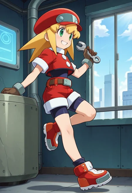 sci-fi, factory,
posing,
full body, dynamic angle,
BREAK,
<lora:rocknrollDash_illustriousXL_v01:1>
cropped jacket, red headwear, hat, blonde hair, medium hair, green eyes, bodysuit under clothes, red shorts, short sleeves, brown gloves, black legwear, black socks, red shoes, red footwear, red sneakers, sidelocks, from side, standing on one leg, smile, holding wrench, belt, rollCasDef, source_anime, very aesthetic, anime coloring, masterpiece, official art,
best quality, amazing quality, ultra detailed, very aesthetic,
detailed background,
BREAK,