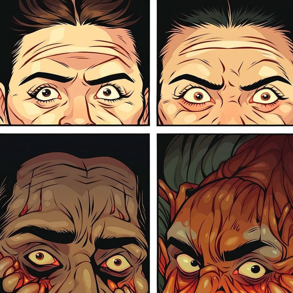 score_8_up, multiple monsters, multi-eye-focus, square format, scary, 2d, volumetric lighting, masterpiece, multi-eye-focus,eye focus, multiple panels,