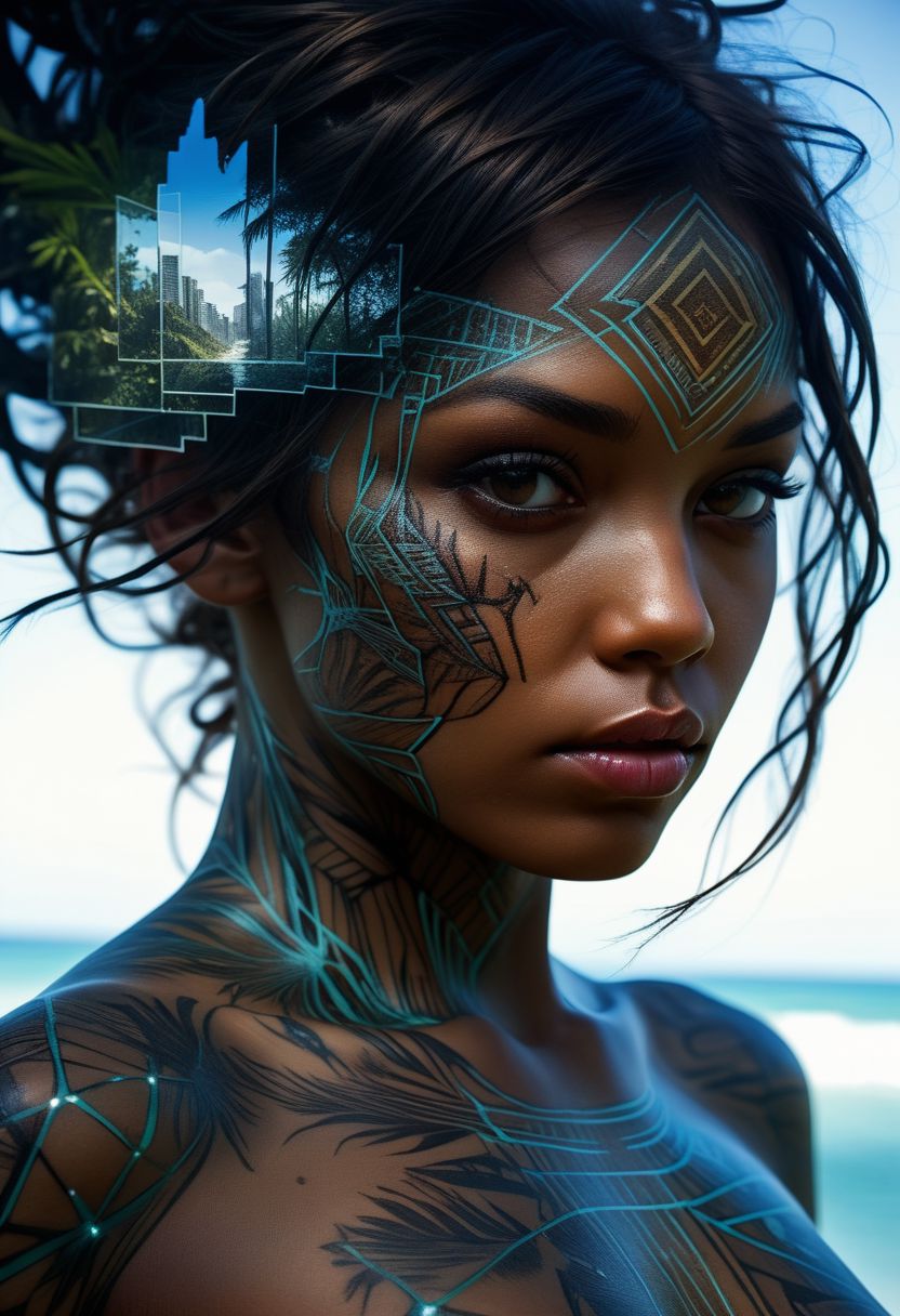 close-up, mysterious silhouette of an exotic girl, caribbean setting, goddess, alluring, by Minjae Lee, Carne Griffiths, Emily Kell, Steve McCurry, Geoffroy Thoorens, Aaron Horkey, Jordan Grimmer, Greg Rutkowski, amazing depth, double exposure, surreal, geometric patterns, intricately detailed, bokeh,  perfect balanced, deep fine borders, artistic photorealism , smooth,  great masterwork by Suiras  <lora:add-detail-xl:2>  <lora:Double_Exposure:0.5>