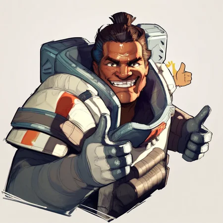 score_7_up, score_8_up, score_9, solo male, ApexGibraltar, hair bun, tan skin, armor, grin, (thumbs up), simple background,