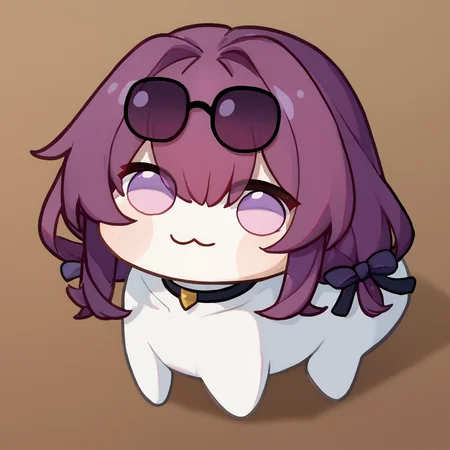 score_9, score_8_up, score_7_up, 1girl,kafker, purple hair, purple eyes, glasses on head, doro, creature, :3, chibi, no humans, white skin, solid circle eyes, no pupils, choker,    <lora:Kafka777-000008:1> <lora:Doro_X_PDXL_V1:1>