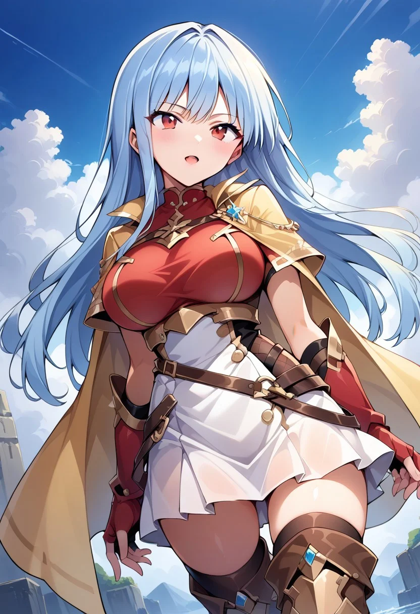 score_9, score_8_up, score_7_up, masterpiece, high quality, source_anime, 1girl, solo, dutch angle, sky,
nayuki hiori, red eyes, light blue hair, long hair, large breasts,
red shirt, gold trim, gold-trimmed armor, yellow cape, red gloves, fingerless gloves, brown straps, white skirt, thigh boots, armored boots