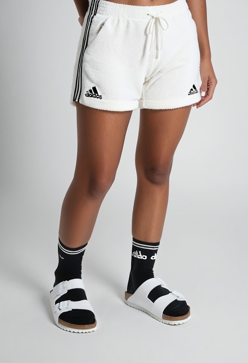 photorealistic, masterpiece, best quality.
1girl, solo, simple_background, white_background, standing.
calves, thighs, adidas_shorts, lower_body, slippers, footwear_focus, scksnsndls, birksonsocks, black_socks.