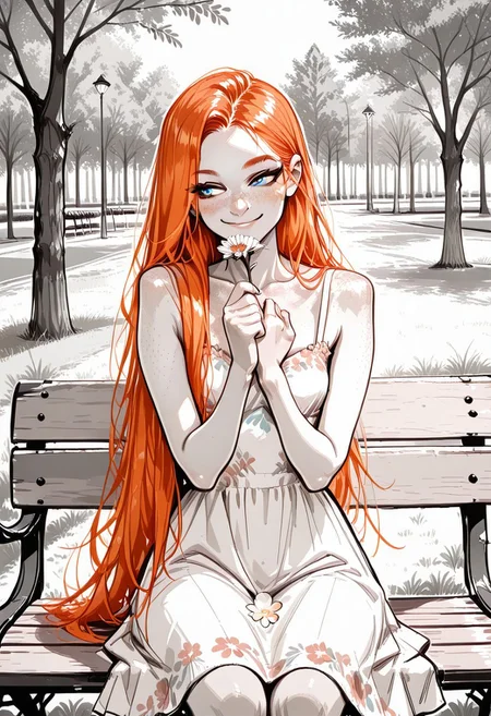 masterpiece, best quality, 32k, high resolution, absurdres, Jedsk5tch, sketch, black and white, monochrome, pastel colors, Ginger, GingerRH, Very long  ginger hair, straight hair, parted bangs, blue eyes, freckles, chest freckles, , small breasts, floral sundress, sitting on a bench, park, smiling, looking away, holding a flower, detailed, outdoors,, hands on chest, focus on face, screentones, shadows, chiaroscuro