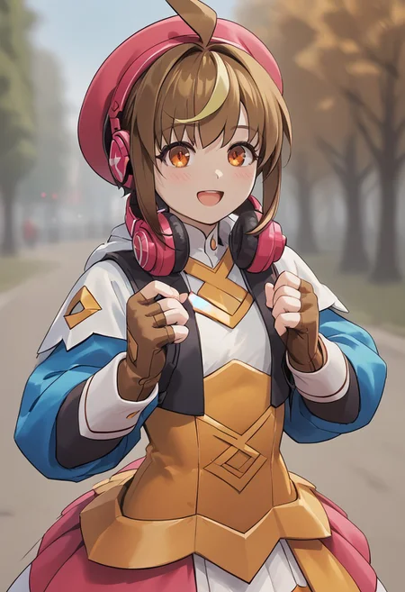score_4,score_5,score_6,score_7_up,score_8_up,score_9 ((masterpiece,best quality,ultra detailed,highres,HD,4k:1.2)),
outdoors,
1 femboy,1 cute boy,solo,face focus,
brown hair,multicolored hair,sidelocks,streaked hair,bangs,ahoge,orange eyes,headphones around neck,
brown gloves, corset, detached sleeves, fingerless gloves, gloves, hat, juliet sleeves, long sleeves, magical girl, puffy sleeves,
blush,smile,open mouth,