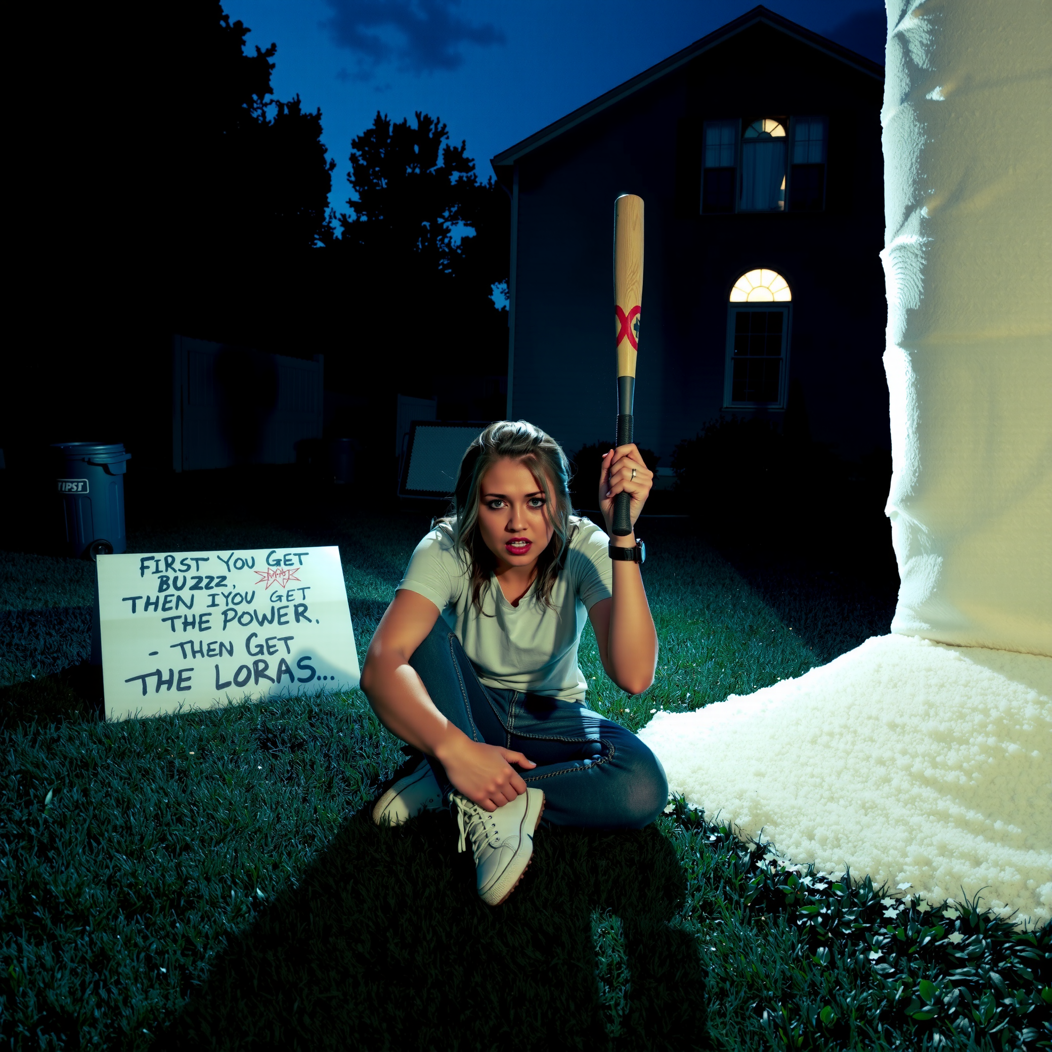 A grainy candid surreal, cinematic scene at night, in the backyard of a suburban home. A realistic woman sits cross-legged on the blue grass, clutching a baseball bat in both hands with a wide-eyed, tense expression. She is in front of a massive, comically large pile of sugar standing as tall as the house. The woman has disheveled hair, casual clothes like a white t-shirt and jeans, and her posture is tense and alert, like she’s been sitting guard for hours. The lighting is dramatic and slightly off-kilter, with a blue-toned night sky and shadows stretching across the surreal suburban setting. Behind her is a trash can and a house with cracked windows. The entire scene has an eerie, hyperreal quality with an intentional touch of absurdity, like a realistic reimagining of a moment from a bizarre cartoon. Cinematic lighting, full-body composition, photoreal detail, next to the sugar there is a sign that reads "FIRST YOU GET THE BUZZ, THEN YOU GET THE POWER, THEN YOU GET THE LORAS"
