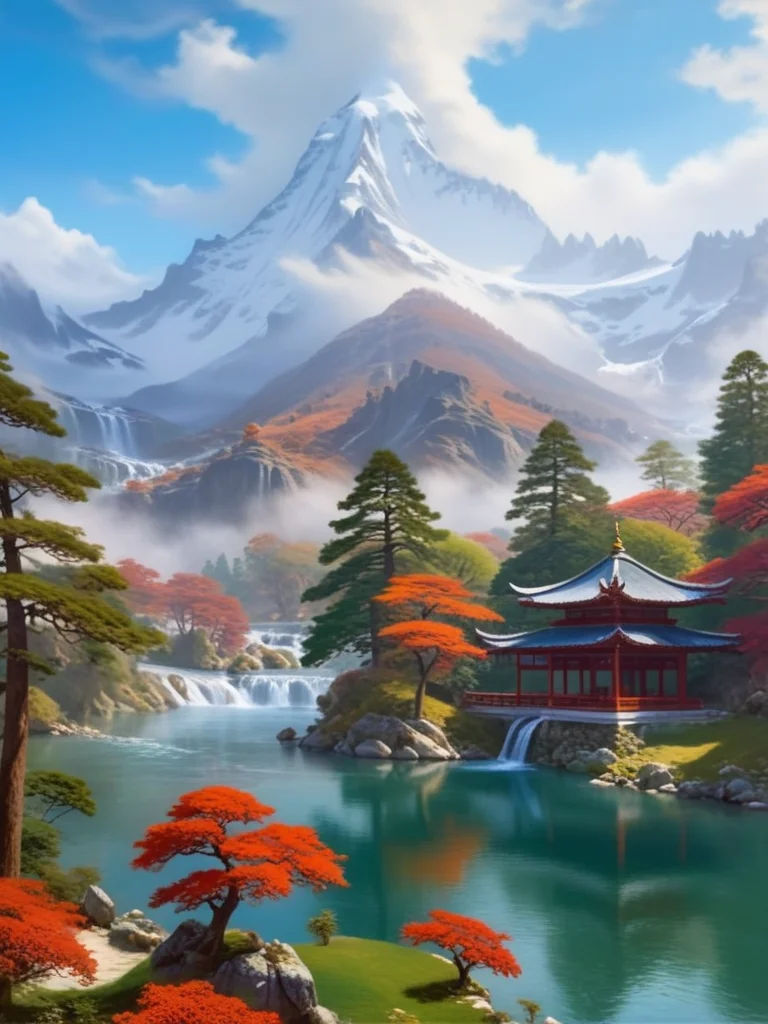 <lora:06NatureArt_Hap_XL:3.9>, Albert Bierstadt style,  fantasy landscape,  mountains, snowy peaks, waterfalls, rivers, traditional pavilion, pine trees, clouds, mist, clear sky, floating petals, lush greenery, rocks, orange foliage, red flowers, serene, water bodies, pagodas, untouched nature, harmony, calmness, fictional scenery, east asian architecture, natural elements, tranquil, expansive view, sunlight, idyllic, reflection in water, snowy caps, artistic brush strokes, panoramic, depth of field, composition balance, blue sky, white clouds, serene atmosphere, ornate roof, peacefulness, nature fantasy, mythical, elaborate scenery, biodiversity, escapism, peaceful village, galaxy blue dust, majestic landscape, faraway land, fantasy realm, masterpiece, very aesthetic, newest, cartoon style,