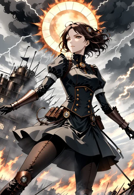 breathtaking steampunk person, dutch angle, outside with a rising sun under a sky with dark ominous clouds, (lightning, levin), commanding dangerous and alluring expression, high neck line top, epic battle with fires and smoke in the background, style of Cynthia Sheppard, style of Yoji Shinkawa, . award-winning, professional, highly detailed,