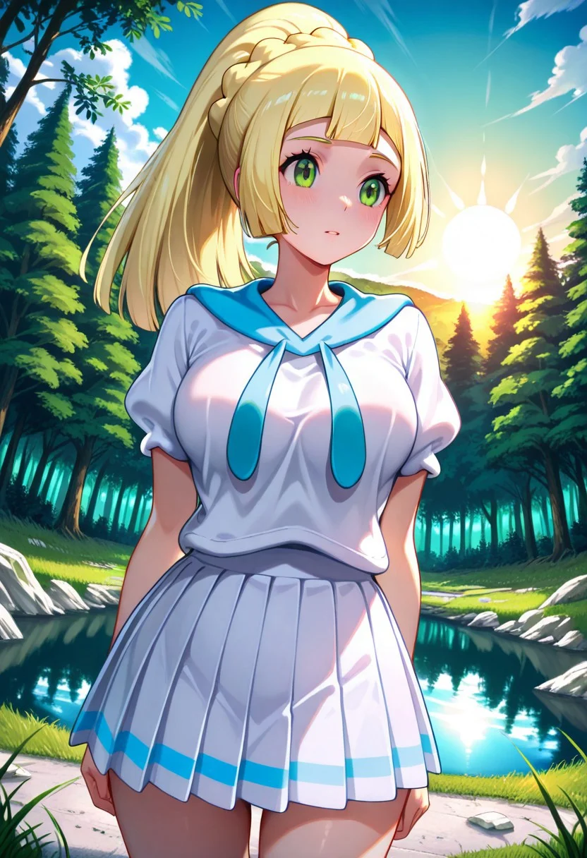 lillie (pokemon), long hair, ponytail, braid, blunt bangs, green eyes, white shirt, short sleeves, white skirt, pleated skirt, sailor collar, large breasts, standing, from below, Upper body, Outdoors, forest, trees, lake, Sky blue, clouds, sun, grass floor, green floor, white rock