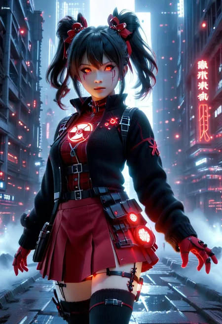 3d movie poster, dynamic camera angle, 1girl, rin tohsaka cosplay, detailed beautiful face, modelshoot style, red|black, fingerless gloves , coat|sweater, science fiction, (glowing hair ornament) , skirt, thighhighs, night, hair buns