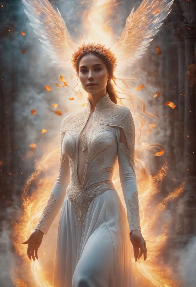 Fantasy, mesmerizing design, ascending spirit woman, arms of spirit being spread out, white transparent body in mist, transparent radiant light on her body, fire flame at the end of each arm, beautiful fire flowers around the perimeter, transition to another world in the back, 8k