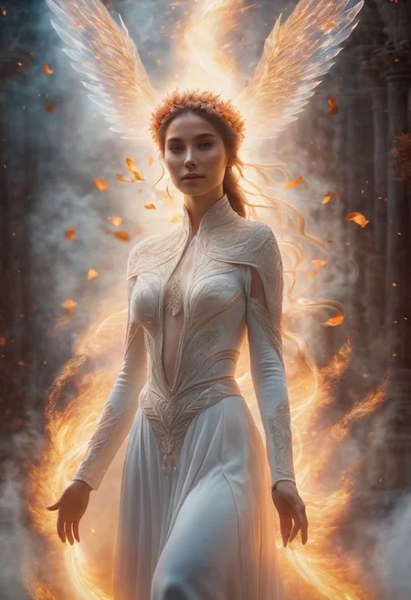 Fantasy, mesmerizing design, ascending spirit woman, arms of spirit being spread out, white transparent body in mist, transparent radiant light on her body, fire flame at the end of each arm, beautiful fire flowers around the perimeter, transition to another world in the back, 8k