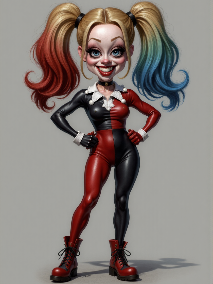 full-body caricature of an harley quinn on a grey limbo background <lora:3d_caricature_Strong:0.9>