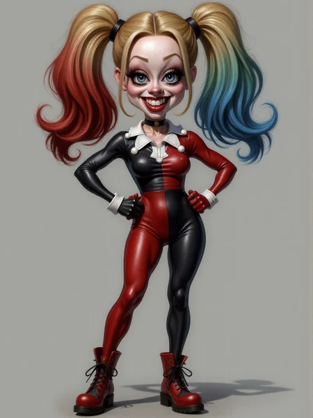 full-body caricature of an harley quinn on a grey limbo background <lora:3d_caricature_Strong:0.9>