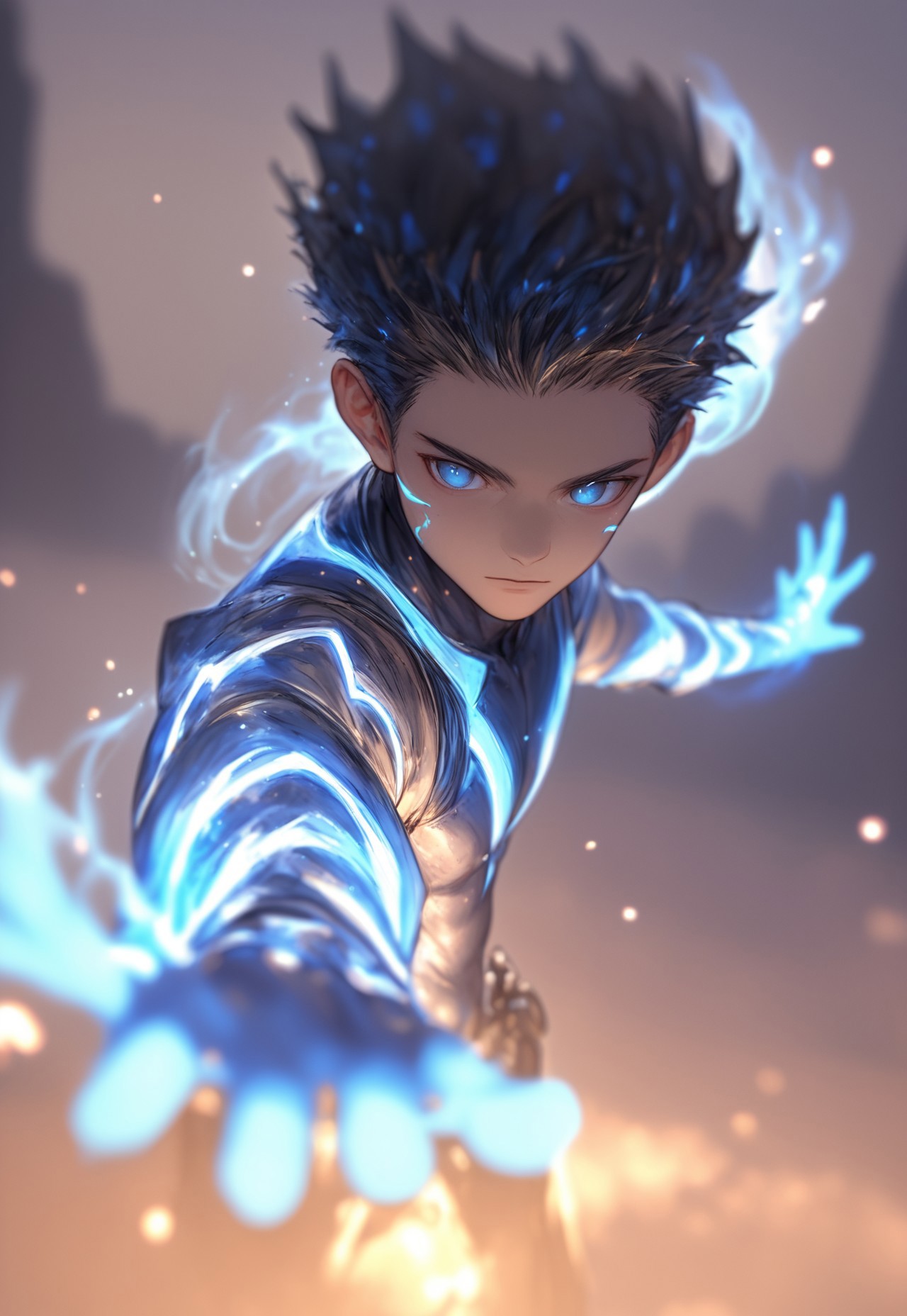 score_9, score_8_up, score_7_up, score_6_up, black hair,short hair,black eyes, glow blue, in the style of speedpainting, dark white and dark gray, character studies, dom qwek, nihilcore, wlop, iconic, solo leveling anime, glowing power, magic, Glo3w, glowing, depth of field, blue power, blue glowing, blue glowing tattoos, outdoors, dynamic pose, dynamic angle, 1boy, 