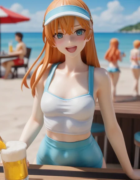 score_9, score_8_up, score_7_up, 1 girl ,  anastasia_\(fate\),standing, waitress, beach bar , restaurant, sand, sea, blue sky, tables, long straight ginger hair, cropped tight tank top,pouring beer on tits, , visor cap, embarrassed , slim body, laughing, smile, blushing , open eyes, looking at viewer, embedding:, 1girl, perfectly flat chest, tiny perky tits