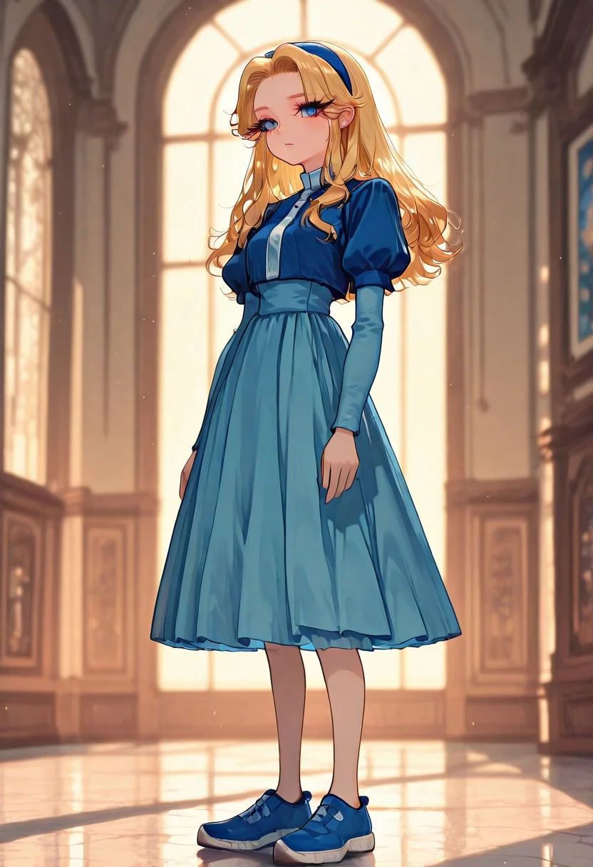 masterpiece, best quality,artist_moriimee, good quality, very aesthetic, absurdres, newest, 8K, depth of field, focused subject,blue dress, puffy sleeves, medium skirt, shoes, blue footwear, long shot,fullbody,detailed face, 1 girl,mariarobotnik,directional lighting, silhouetted, chiascuro,dynamic view, focus on face,in the style of cksc,thick eyelashes, long eyelashes,