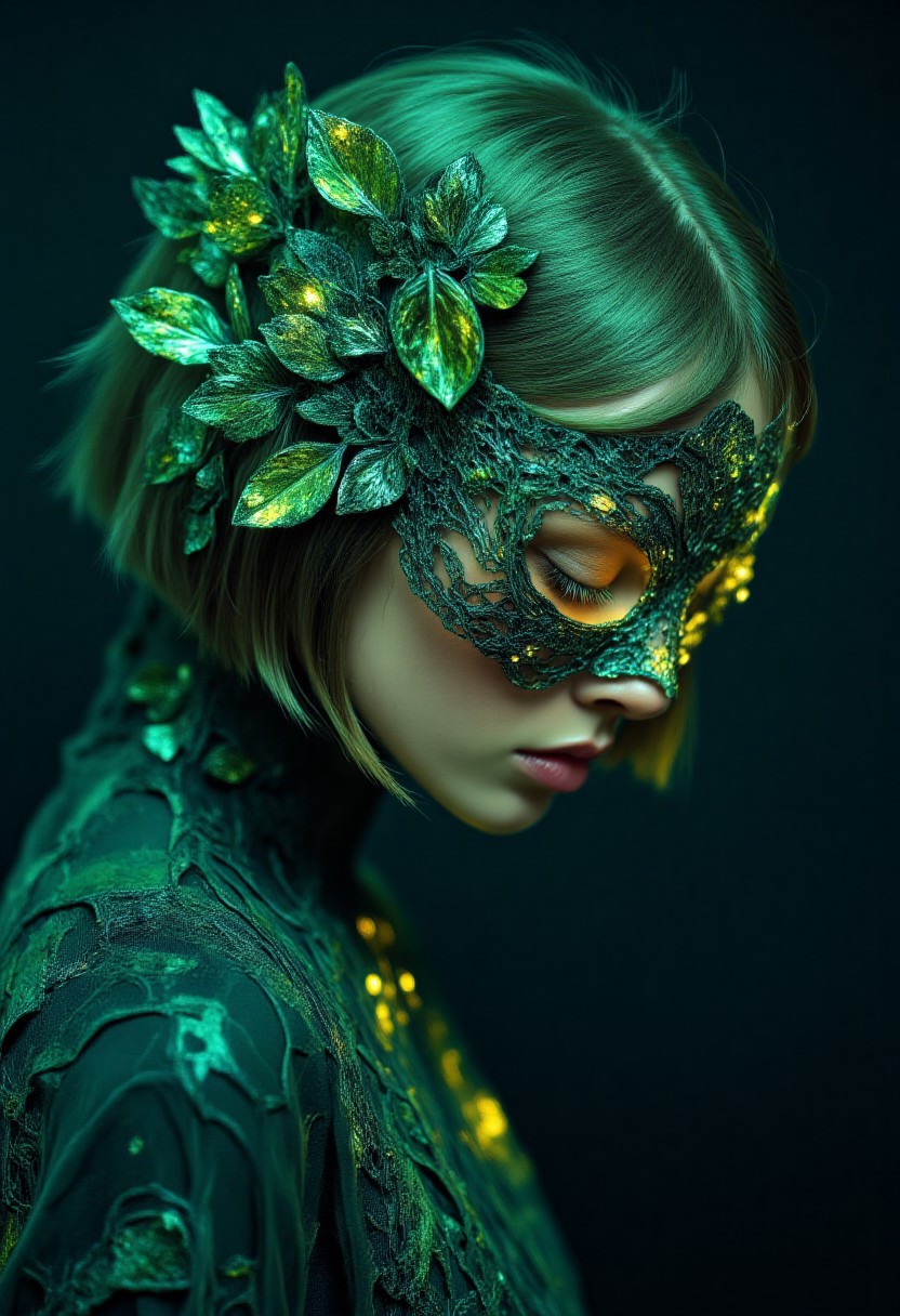 mwv7_alpha_v01,2D fashion Studio Ghibli Dark Fairytale, A digital art portrait of a 25-year-old woman with a sharp bob cut hairstyle in a close-up composition shows her face tilted downward, adorned with an intricate arsenic green metallic mask featuring venomous crystalline formations . She is bathed in the lethal glow emanating from a radiant arsenic green ornate headpiece that radiates brilliant sparkles of venomous crystalline light in all directions, creating dazzling bokeh of deadly shine that project ripple reflective poison shadows across her porcelain skin. The woman wears a magnificent toxic green dress with deep black void darkness woven throughout the fabric, creating an otherworldly contrast of arsenic green against areas of absolute darkness that devour light like poison. She gazes downward with a serene yet lethal expression, her photorealistic skin textures enhanced by the intricate web of ripple reflective toxic shadows cascading across her features. The ornate arsenic green metallic mask displays intricate deadly crystalline growths and detailed poisonous metalwork that harmonizes with the toxic headpiece. The background features floating poison green particles, deep black petals suspended in mid-air like venomous flowers, glowing arsenic light particles scattered throughout the scene,  Professional cinematic portrait photography with dramatic arsenic lighting and shallow depth of field, shot from a low angle