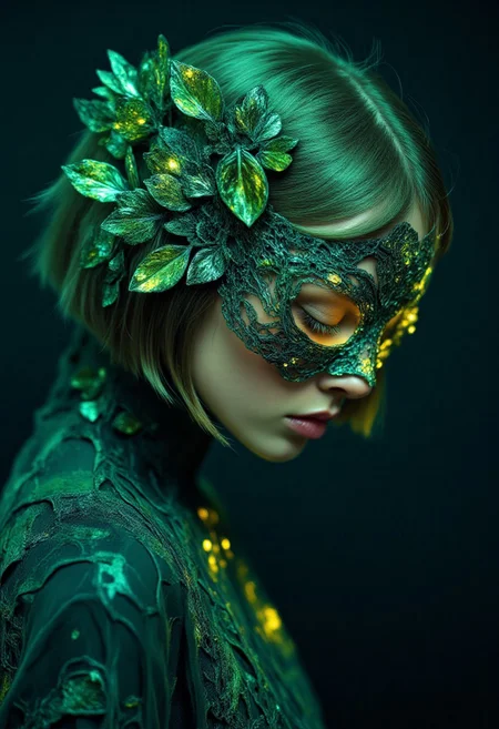 mwv7_alpha_v01,2D fashion Studio Ghibli Dark Fairytale, A digital art portrait of a 25-year-old woman with a sharp bob cut hairstyle in a close-up composition shows her face tilted downward, adorned with an intricate arsenic green metallic mask featuring venomous crystalline formations . She is bathed in the lethal glow emanating from a radiant arsenic green ornate headpiece that radiates brilliant sparkles of venomous crystalline light in all directions, creating dazzling bokeh of deadly shine that project ripple reflective poison shadows across her porcelain skin. The woman wears a magnificent toxic green dress with deep black void darkness woven throughout the fabric, creating an otherworldly contrast of arsenic green against areas of absolute darkness that devour light like poison. She gazes downward with a serene yet lethal expression, her photorealistic skin textures enhanced by the intricate web of ripple reflective toxic shadows cascading across her features. The ornate arsenic green metallic mask displays intricate deadly crystalline growths and detailed poisonous metalwork that harmonizes with the toxic headpiece. The background features floating poison green particles, deep black petals suspended in mid-air like venomous flowers, glowing arsenic light particles scattered throughout the scene, Professional cinematic portrait photography with dramatic arsenic lighting and shallow depth of field, shot from a low angle