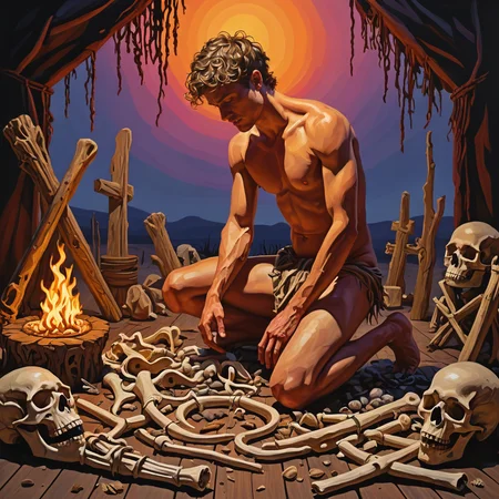 a vivid messy oil painting of a youngish guy in a loincloth kneeling before an amateur pagan altar made of animal bones and duct tape, vivid evening hues, aura of menace, (silhouette), (shadows), illustration, highly detailed, high quality,