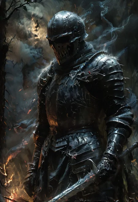 a wandering Darkwraith Knight from Dark Souls, black desolated armor, skull mask helmet, holding in hand desolated corrupted blade, walking at forest at night, low light,