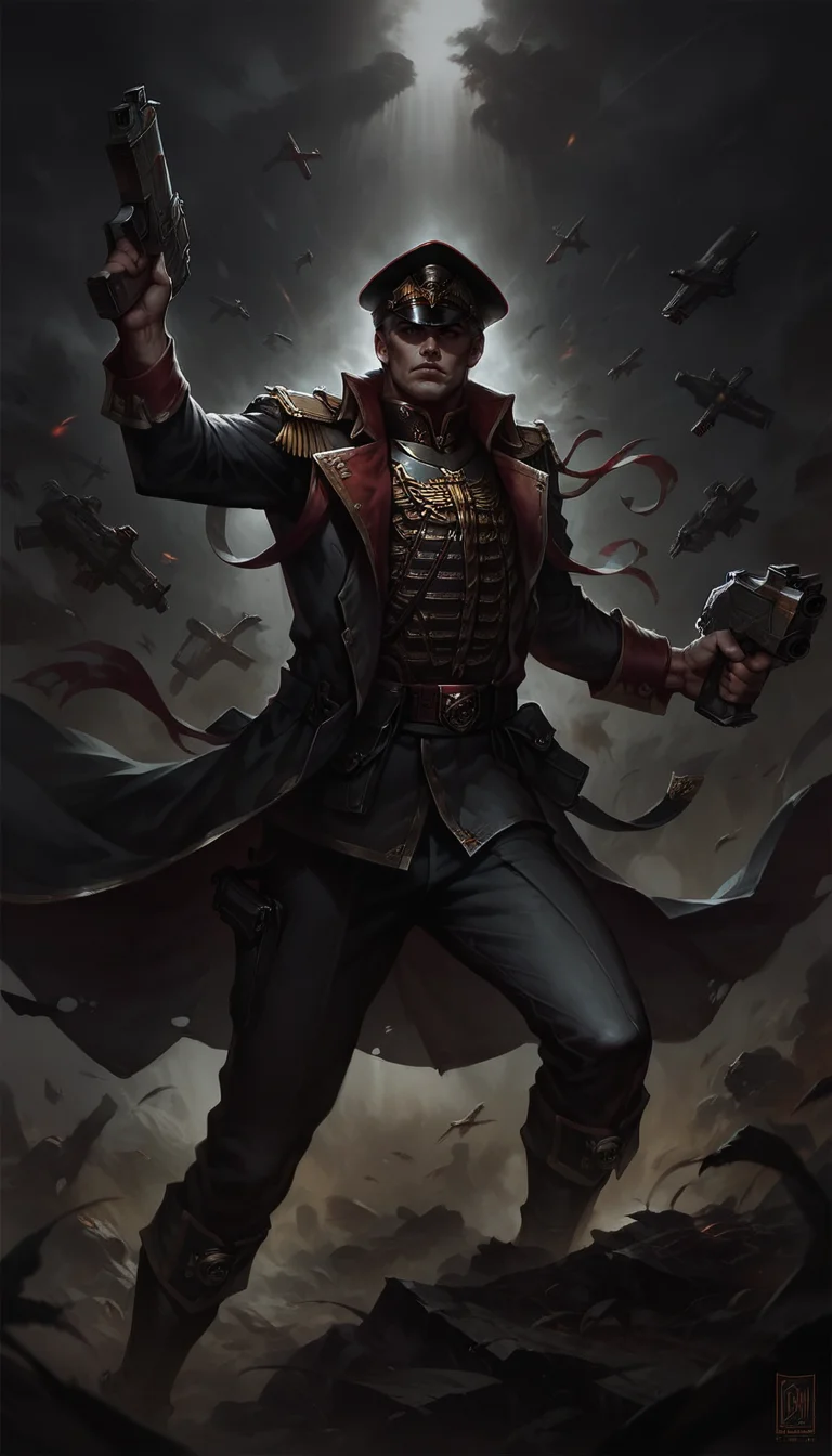 score_9, score_8_up, score_7_up, 1 1male, detailed face, short white hair, warscape, war, , dynamic pose, in movement, gun
from from belov,
<lora:commissar_uniform_WH40K:0.8>, commissar uniform, long coat, commissar hat
<lora:Concept Art DarkSide Style LoRA_Pony XL v6:0.8> concept art, realistic, dark theme, low light,