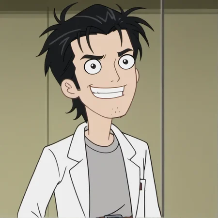 1boy, solo, povenmirestyle2, grin. belt, black hair, labcoat, male focus, okabe rintarou, shirt, stubble, toon \(style\), <lora:povenmirestyle2:1>, <lora:okabe_rintarou:0.7>,