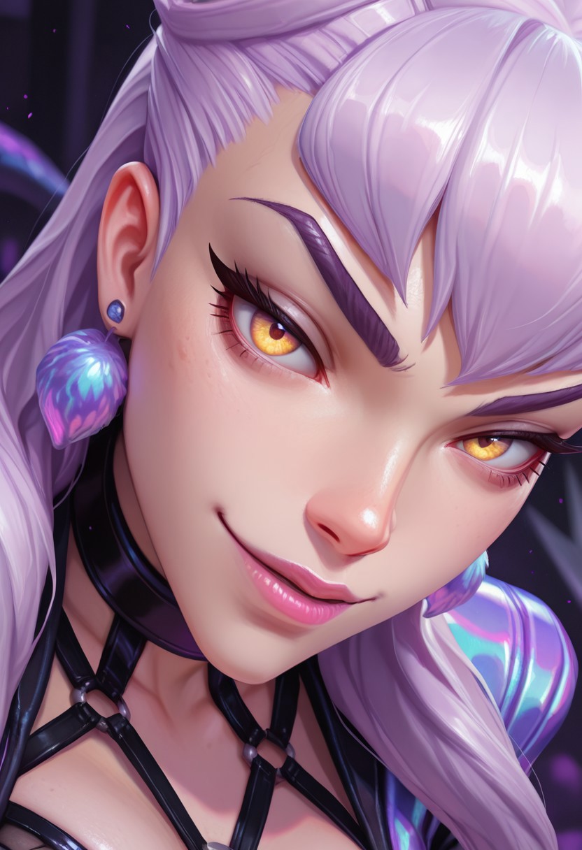 highres, very detailed, amazing quality, masterpiece,
very aesthetic,
particle effect,
1girl, large breasts, kda_all_out_evelynn, k/da (league of legends), evelynn (league of legends), purple hair, long hair, fishnets under clothing, jewelry, earrings, asymmetrical bangs, yellow eyes, confident, cocky, smirk, (skindentation), 
Close up, ants eye view, depth of field, ray_tracing, foreshortening, very aesthetic, cinematic, vibrant colors,