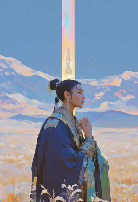 Hyper-realistic, digital illustration, highly detailed, 8K: A close-up of an adult Tibetan princess standing in a frost-covered golden meadow, gazing at the sky in a side-profile, backview angle. Her delicate hand rests gently against her cheek, showcasing her refined grace and elegance. She is draped in a regal Tibetan traditional princess robe in deep sapphire blue, its fabric adorned with intricate silver embroidery that glows subtly under the soft ambient light. A flowing emerald-green cloth is tied at her waist, adding contrast to her royal attire. Her minimal makeup enhances her natural beauty, while a resplendent silver crown rests atop her head, accompanied by exquisite royal earrings and an ornate necklace that reflects her noble heritage. Her dark hair is styled in an elegant updo, meticulously arranged and adorned with a delicate silver hairpin. The sky above her is a breathtaking expanse of vibrant blue, interwoven with iridescent dots and ethereal lines that shimmer softly, casting a dreamlike glow over the scene, blending reality with a mystical, otherworldly essence.