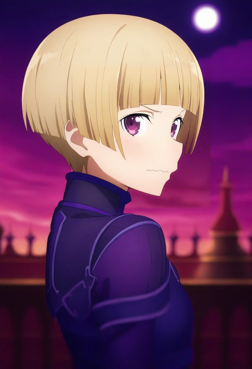 masterpiece, best quality, , , looking at viewer, depth of field, 1girl, purple eyes, dark blonde hair, bowl cut, ,, solo, from side, palace, night, full moon, (dynamic pose), wavy mouth, closed mouth, <lora:sao_alicization_style_ilxl:1.04>, sao_alicization_style,