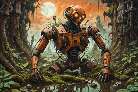a vivid scifi illustration of fantastical surreal broken rusted and overgrown war robot drowned in a swamp, destroyed weapons, machinery, moss, leaves, trees, jungle, dark-orange sky,
 <lora:Dystopia:0.25> <lora:The_Crazy_Style:0.3> 
 <lora:linquivera:0.7> linquivera
 <lora:illusionix:1>  illusion