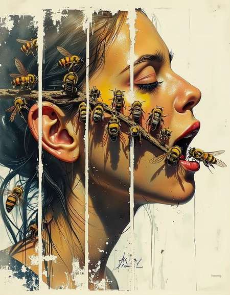 A surreal double exposure masterpiece: A girl's body is pierced by a branch of bees, with the insects' bodies protruding from her open mouth. The frame is divided into sections, each showcasing a different layer of the image. Chiaroscuro lighting creates dramatic contrasts, as vibrant colors and ink transitions blend seamlessly. Intricate details are rendered in ultra-sharp focus, as if magnified under a microscope. The overall aesthetic is hyper-realistic, with a professional photoshoot quality. <lora:Street_Artji_v1:0.9>