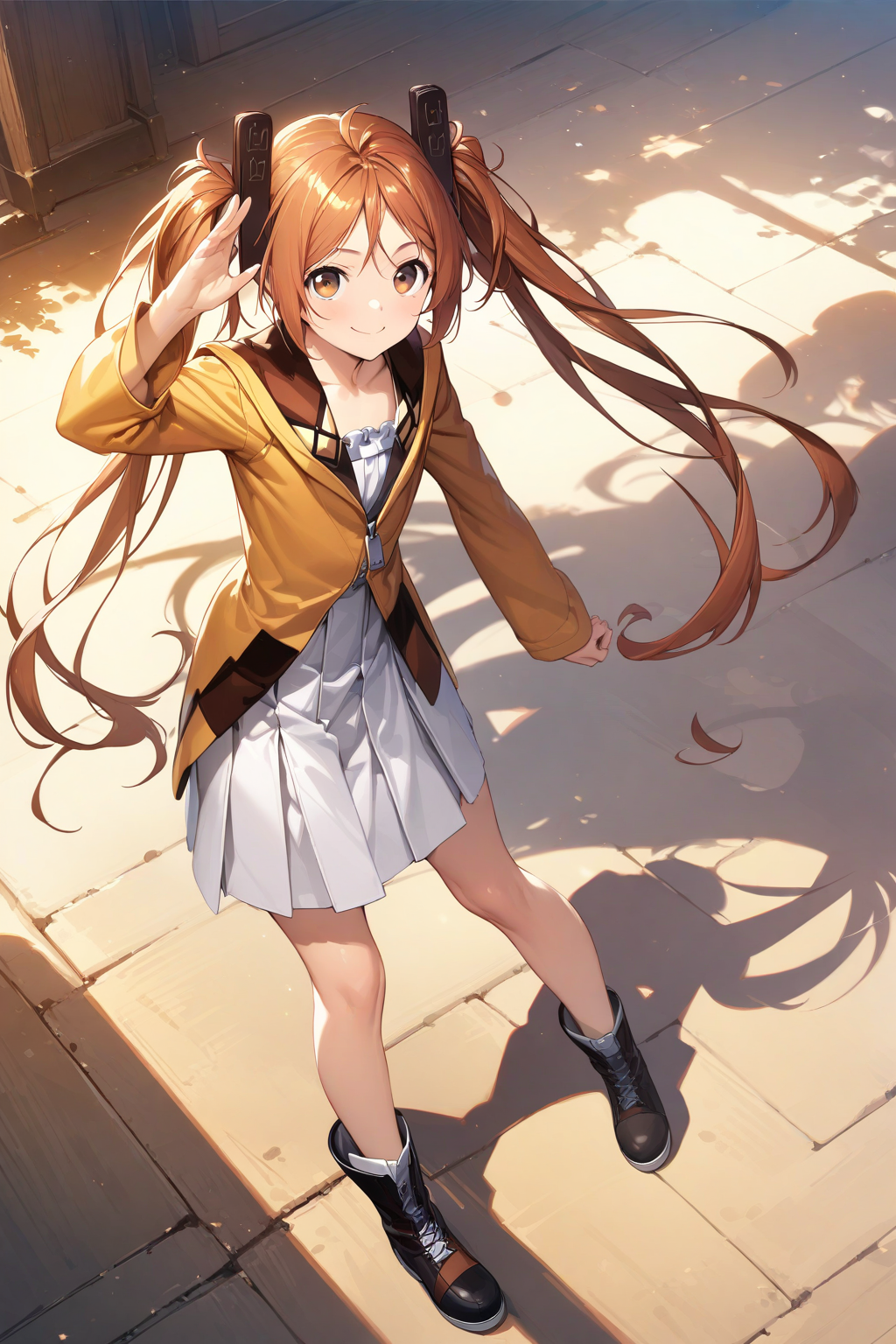 aihara_enju, brown hair, brown eyes, black hair clip, twin tails, long hair, flat chested, white dress, orange jacket, white pleated skirt, black boots, smile, full body,  <lora:XL-AiharaEnju:1>, (masterpiece),(best quality),(ultra-detailed),(best illustration),(best shadow),(absurdres),(detailed background),(very aesthetic),