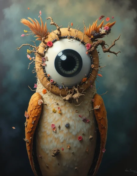 A surreal oil on canvas of a barn owl with a single large eyeball in place of its face. The composition is dreamlike, featuring a mix of textures, such as feathers merging with abstract shapes, and pieces of collage-style cut-outs around the owl. The background is an ethereal swirl of colors with a subtle organic pattern, blending with dark shadows, creating a sense of eerie beauty and mystery.