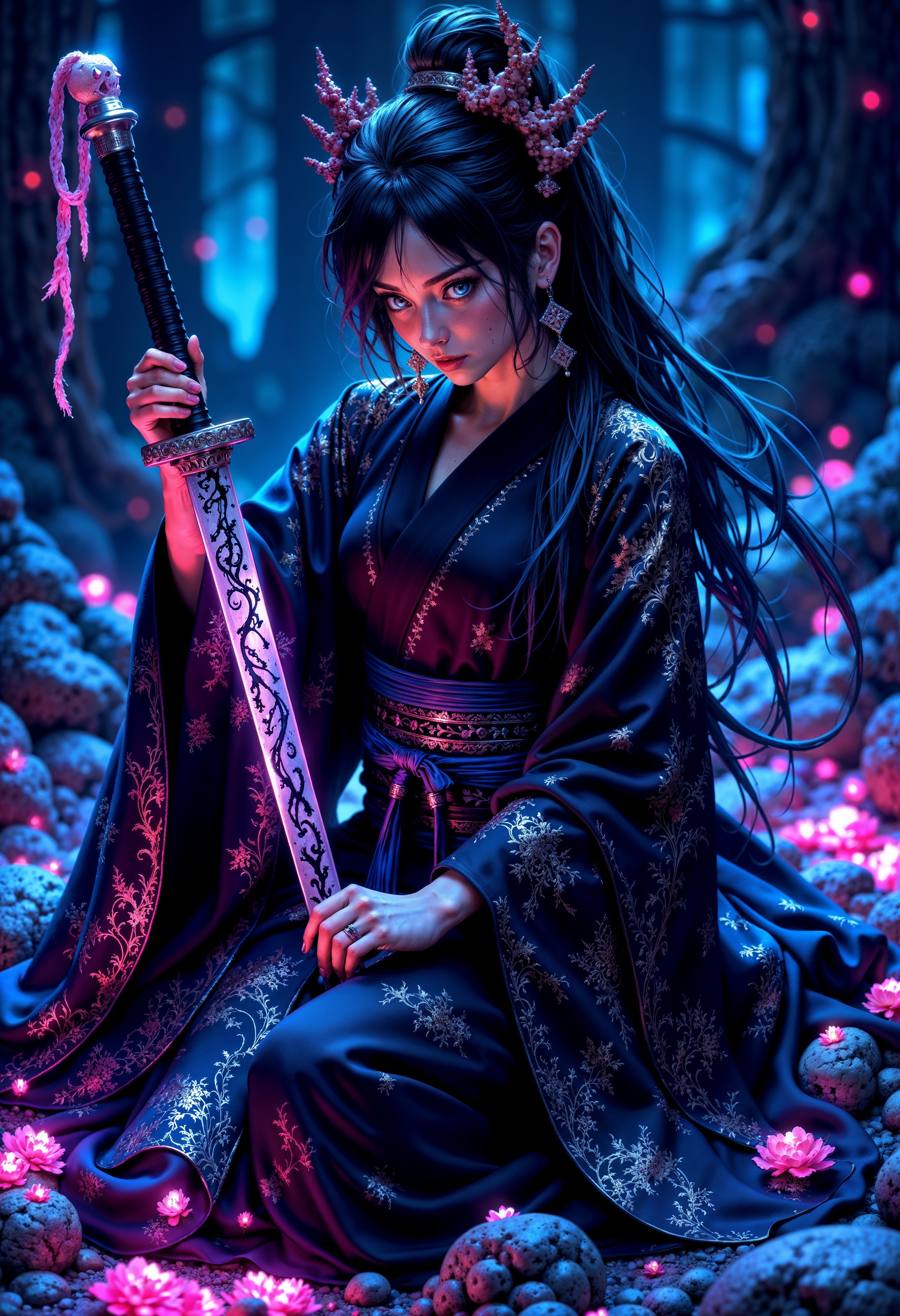 Best quality, neon light, a beautiful girl wearing intricate detailed black kimono holding an iridescence glowing katana, made of liquid metal, in a fantasy art style, with long dark blue hair, sitting on the ground covered in bioluminescence floral, with a highly detailed face and beautiful eyes <lora:FluxMythP0rtr4itStyle:1> mythp0rt