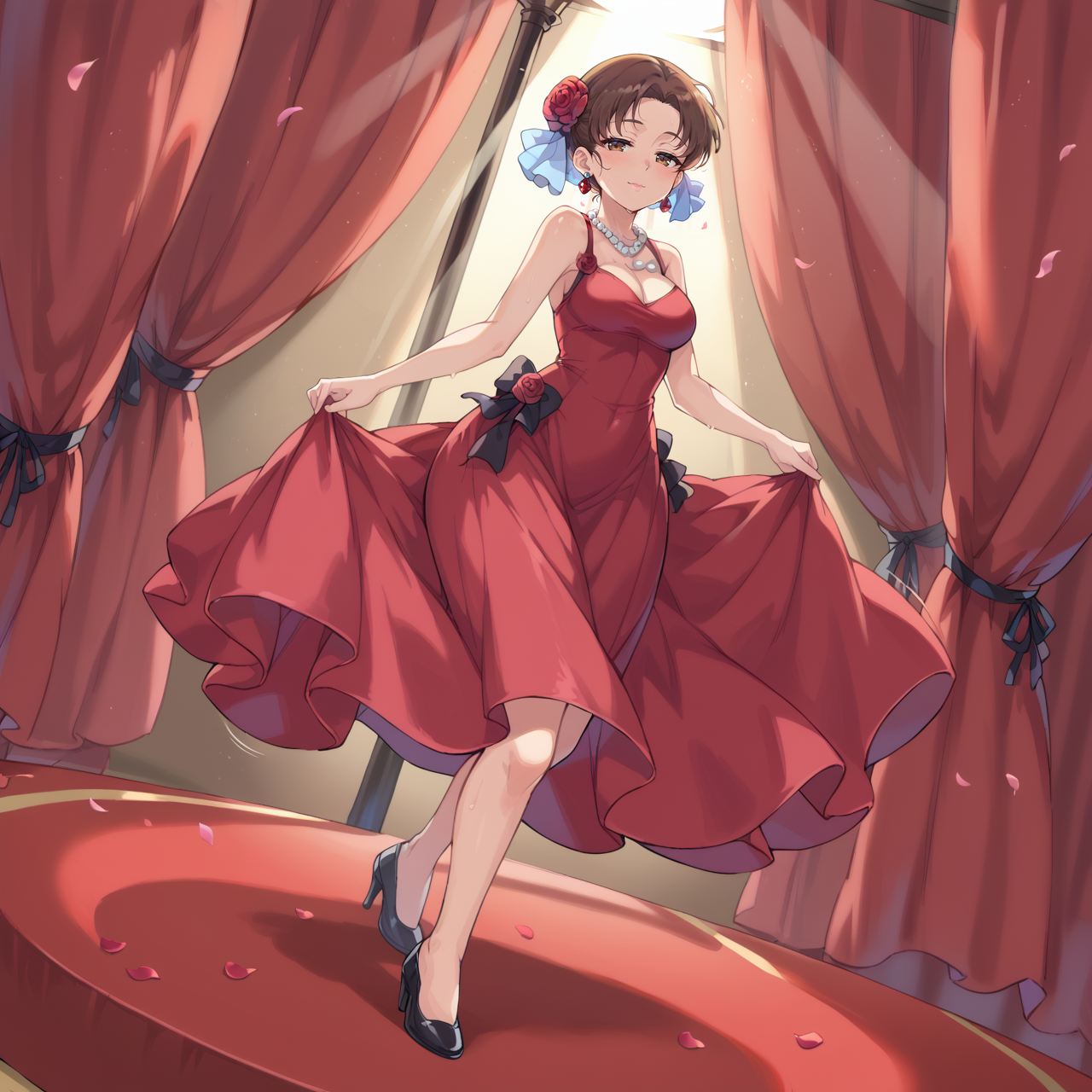 score_9, score_8_up, score_7_up, LilyIAS, brown hair, brown eyes, medium breasts, perfthig, wide hips, thick thighs,
flamenco, dutch angle, stage curtains, solo, rose petals, dutch angle, spotlight, red dress,necklace,hair flower,pearl necklace,necklace,earrings, stage, sweat, sweating, dancing, folding fan, cleavage cutout,  focused, full body, half-closed eyes, closed mouth, fan over face, holding_fan, leg lift, high heels, motion lines, light rays, holding dress, drop shadow, backlighting,
<lora:Femininebody2:0.8>   <lora:lily-pxl:0.8>