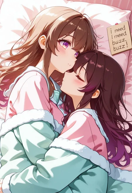 anime style, warm soft lighting, emotional tone, two pregnant women lying on a soft white bed, side by side, cuddling gently, one kissing the other on the cheek, both wearing cozy pajamas, holding a handwritten sign that says "I need Buzz", visible pregnant bellies, sweet loving expressions, heartwarming mood, soft shadows, pastel background, close-up view, focus on characters
high definition eyes, detailed eyes, high gradient eyes, eyesHD,