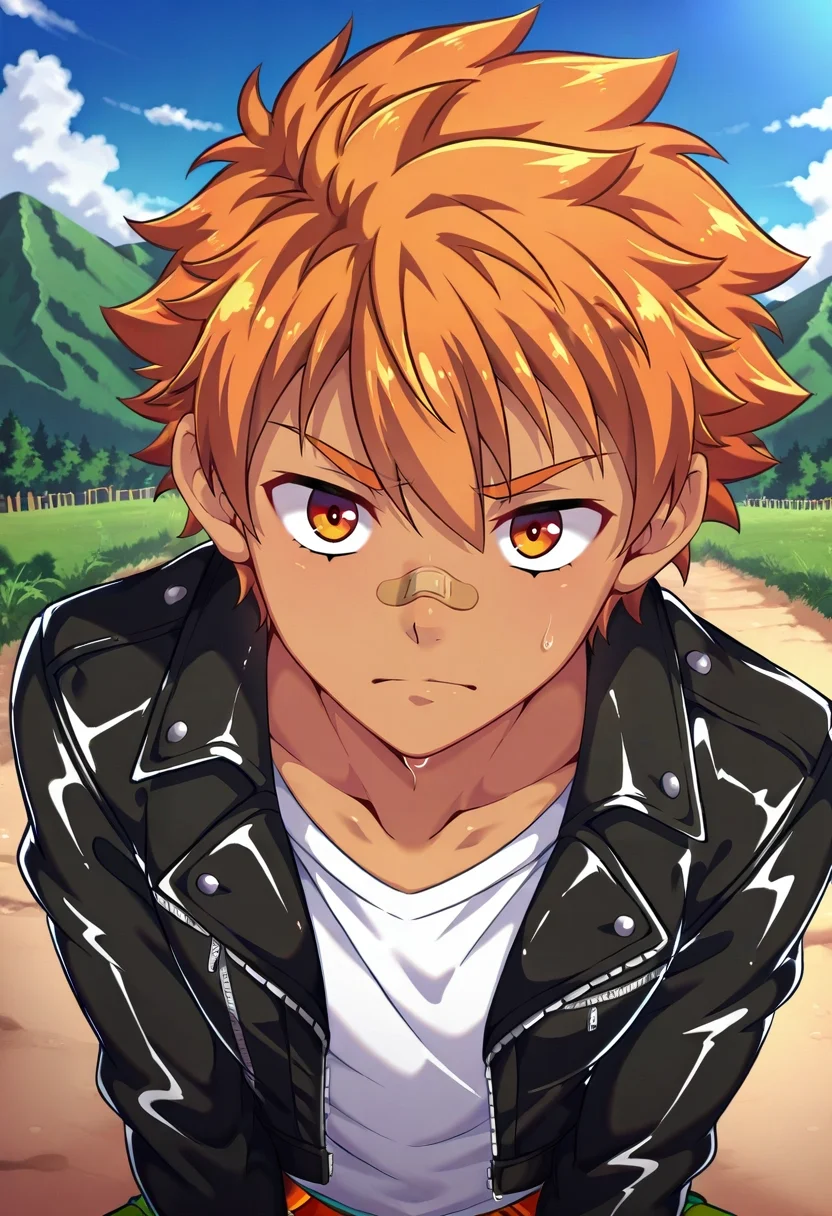 masterpiece, best quality, intricate details, , , , 1boy, solo, male focus, <lora:jirou_camp_buddy_ilxl:0.9>, jirou_camp_buddy, orange hair, orange eyes, bandaid on nose, , Moire Beige Chevron Cropped chinos, Leather jacket, , , and