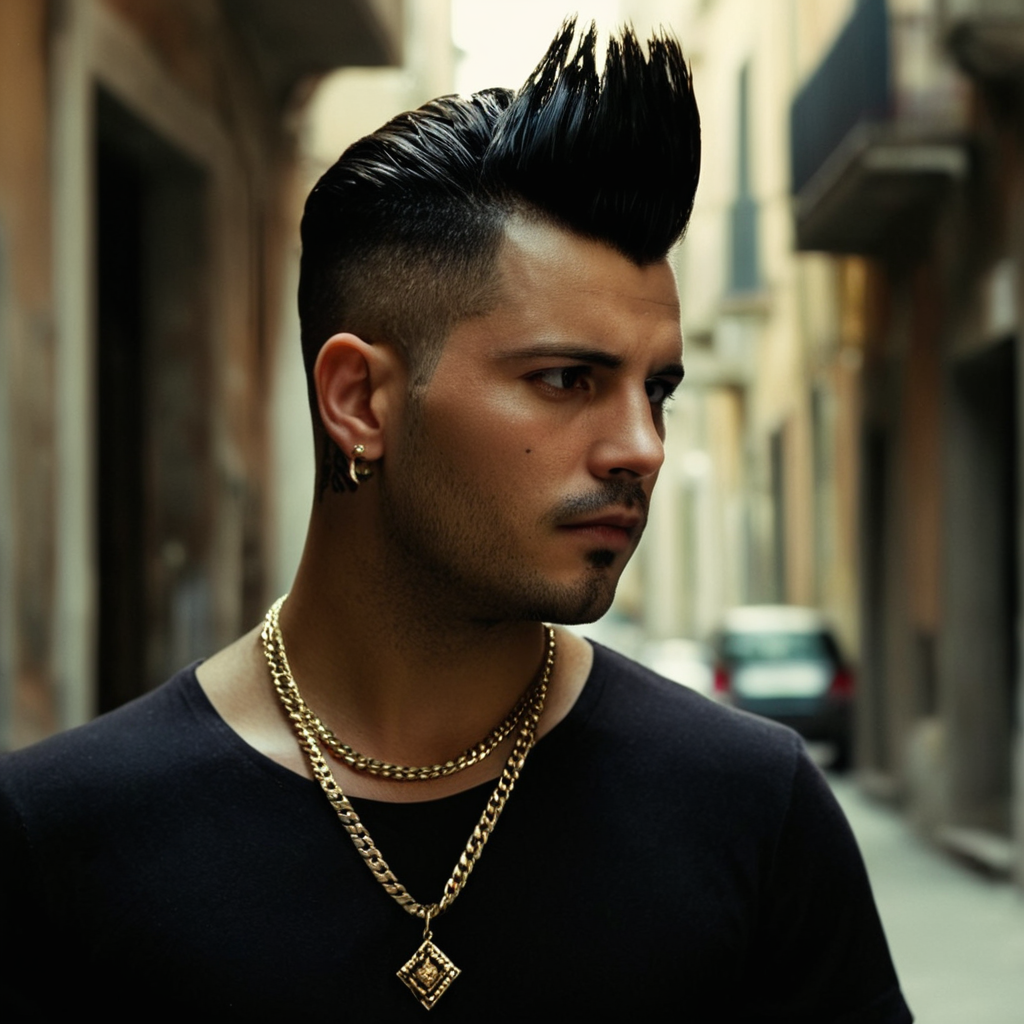 cinematic film still of <lora:detailed:0.2> 
<lora:perfection style:0.2>
<lora:Ron Fricke style:0.2>
 <lora:Gomorra - La serie style:1>
Set in Naples in the 2010s Salvatore Esposito Genny Savastano a man with a mohawk and a necklace,solo,short hair,shirt,black hair,1boy,jewelry,closed mouth,upper body,male focus,earrings,artist name,signature,necklace,from side,black shirt,profile,scar,scar on face,realistic,very short hair,undercut,mohawk , cinematic, kodak, Gomorra - La serie, shallow depth of field, vignette, highly detailed, high budget, bokeh, cinemascope, moody, epic, gorgeous, film grain, grainy