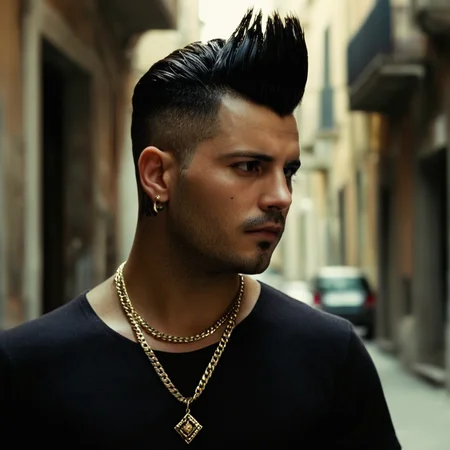 cinematic film still of <lora:detailed:0.2> 
<lora:perfection style:0.2>
<lora:Ron Fricke style:0.2>
 <lora:Gomorra - La serie style:1>
Set in Naples in the 2010s Salvatore Esposito Genny Savastano a man with a mohawk and a necklace,solo,short hair,shirt,black hair,1boy,jewelry,closed mouth,upper body,male focus,earrings,artist name,signature,necklace,from side,black shirt,profile,scar,scar on face,realistic,very short hair,undercut,mohawk , cinematic, kodak, Gomorra - La serie, shallow depth of field, vignette, highly detailed, high budget, bokeh, cinemascope, moody, epic, gorgeous, film grain, grainy