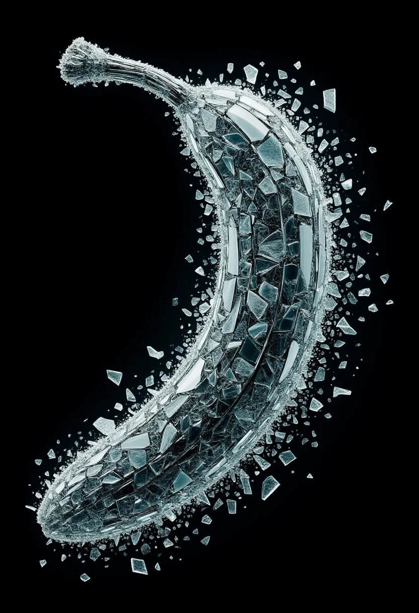 <lora:Glass_Fracture_Former_FLUX-000017:0.9>
This is a digital artwork featuring a stylized, surreal image of a banana made entirely of shattered glass.