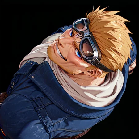 RESET, score_9,score_8_up,score_7_up, Highest Quality, 4k, masterpiece, Amazing Details, best quality, detailed image, good illumination, source_furry, rating_explicit, proportionate body, BREAK, solo, daddy, high testosterone, bara, (hyper muscles:1.3), handsome, sexy, confident, badass, (sexy grin:1.0), (hyper pectorals:1.3), (hyper biceps:1.3), (looking at viewer:3.0), (black background:3.5), close up, (upper body focus:3.5), (six pack abs:1.3), (veiny muscle:1.3), (sweaty:1.3),
(detailed eyes:2.0), (detailed face:2.0), (perfect face:2.0), (perfect eyes:2.0),
(from above:4.5), (Dutch angle shot:3.0),
(standing:3.1),
(hands on hips:2.0),
CidHighwindFF, short hair, blonde hair, blue eyes, stubble, mature male, muscular, bandaid,
aviator goggles, blue denim jacket, white scarf, grey shirt, brown leather gloves, belt, brown pants, brown cross-laced boots,