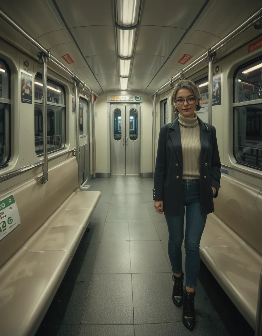 A modern subway train,Subw4y tr41n, in motion, with a single woman standing near the center of the train car, holding onto a shiny metal pole for balance as the train glides along the tracks. The woman is dressed casually yet stylishly, wearing a long black coat over a beige turtleneck sweater, paired with slim-fit jeans and ankle boots. Her hair is neatly tied back into a low bun, with a few loose strands framing her face. She has a thoughtful, calm expression, her gaze directed slightly downward as if lost in her own world. In her other hand, she holds a small tote bag, its strap looped over her wrist, with a paperback book peeking out from the top.
The subway car is clean but shows subtle signs of daily use. The walls are lined with muted gray panels, and the seats along the edges of the car are upholstered in a dark blue fabric, slightly faded from wear. Overhead, fluorescent lighting casts a bright, even glow across the interior, causing faint reflections on the polished floor, which is marked with the occasional scuff from commuters' shoes. Metal grab handles hang from above, gently swaying with the trainâs movement, and shiny steel poles are strategically placed throughout the car.
The windows on both sides reveal a blurry, motion-filled view of the dark subway tunnel, interspersed with flashes of graffiti-covered walls and dim utility lights. Above the windows, digital displays show the next stop in bright LED text, along with a route map that runs the length of the car. Small advertisements are mounted on the walls, showcasing everything from city events to product promotions, some with vibrant colors that add subtle contrast to the neutral tones of the train.
The atmosphere feels still and introspective, with the soft hum of the train and the occasional squeal of the wheels on the track. The train is sparsely occupied, with a few empty seats and subtle details like a forgotten coffee cup on one bench and a folded newspaper lying on the floor. The overall mood is quiet and reflective, capturing a moment of solitude and thoughtfulness during an ordinary subway ride.<lora:SDXLFaeTastic2400:0.4> <lora:extremely_detailed:0.4> extremely detailed, <lora:Subw4y_tr41n:1>, Masterpiece,best quality,hi res,8k,hi res,8k,award winning,(sharp focus, intricate, highly detailed),