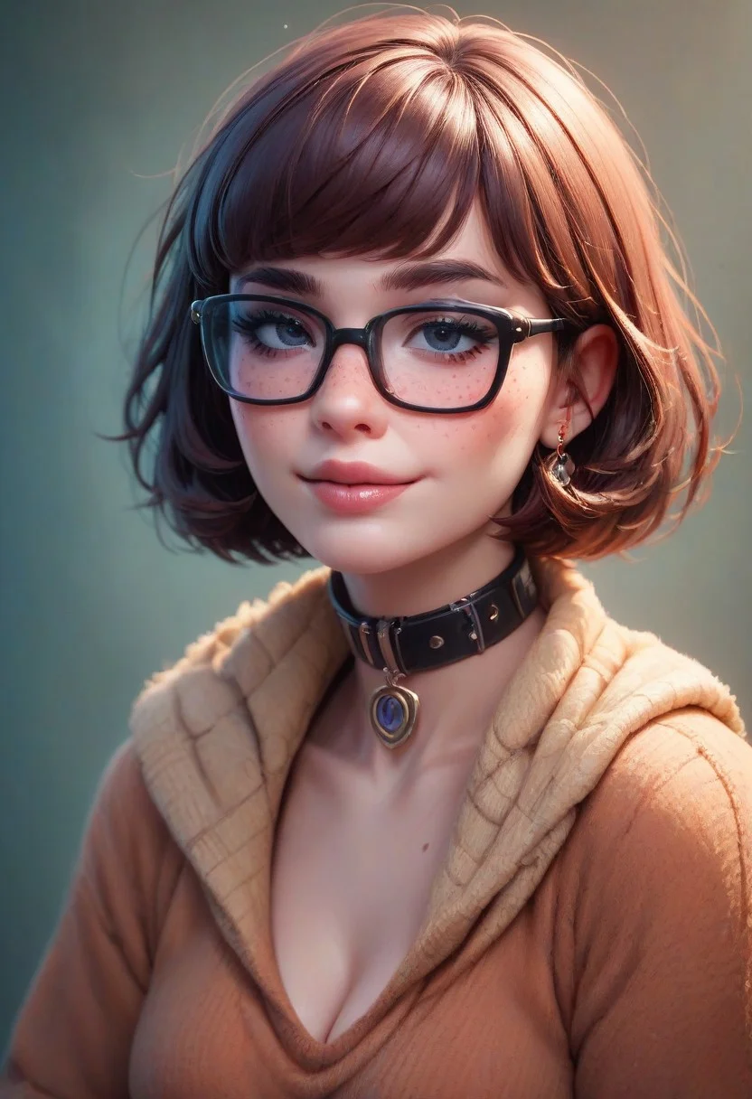 score_9, score_8_up, score_8. score_9, score_8_up, score_7_up, score_6_up, masterpiece, 4k, high quality
vivid colors, Expressive,
1girl, 25 year old beautiful Velma(from scooby doo), thick black lashes, blush, black collar, freckles, sultry look, soft smile, thick glasses, dark brown hair,